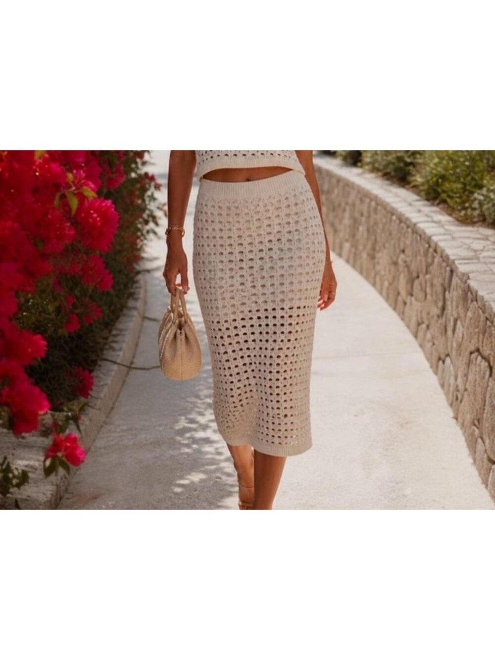 Freshman 1996 Cream Open-Knit Crochet Skirt Lined Cotton Blend S (MM639)